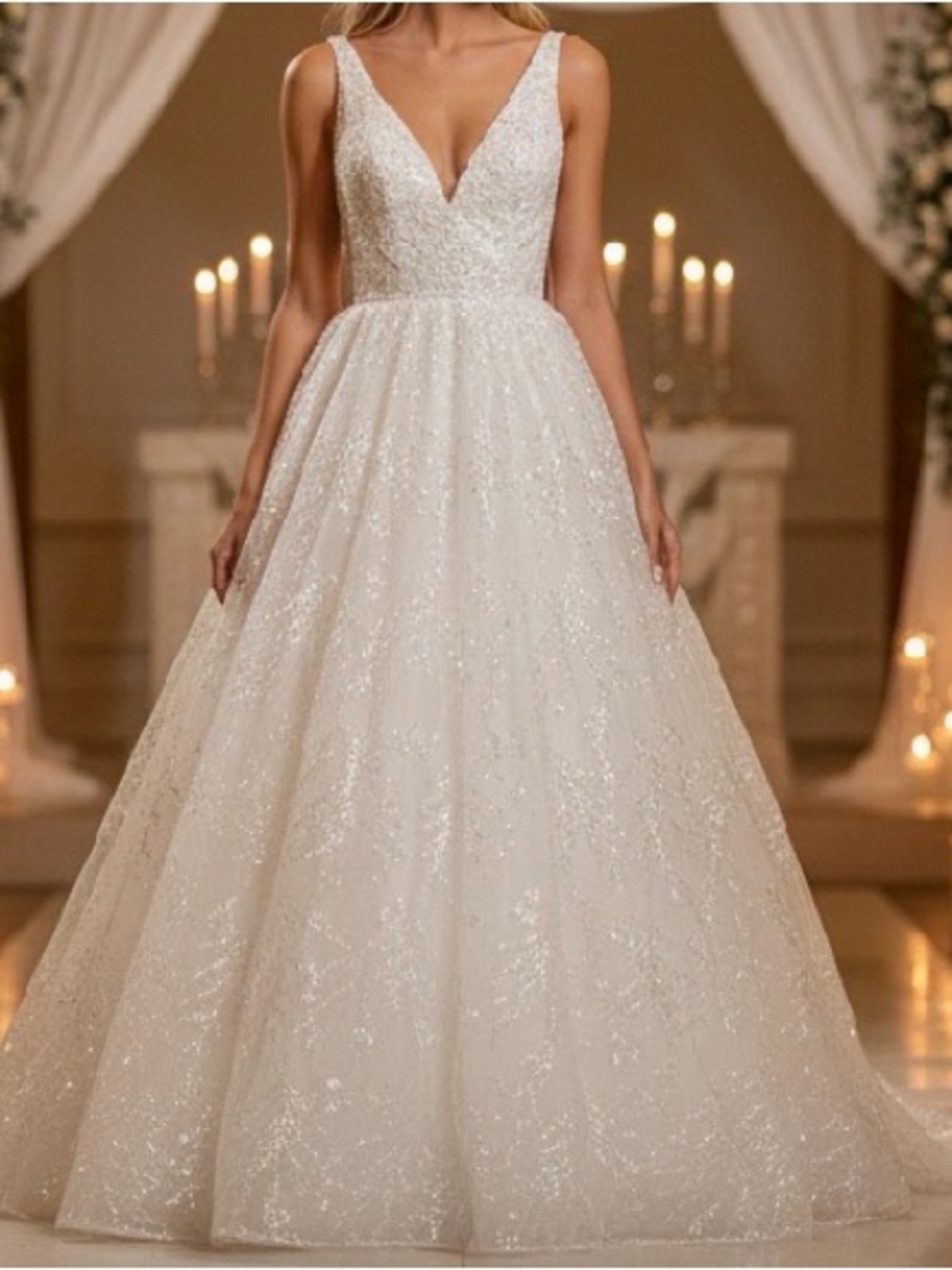 Sherri Hill Ivory Sparkle V-Neck Ball Gown Wedding Dress